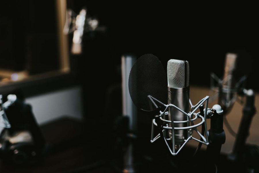 a podcast studio, with microphone